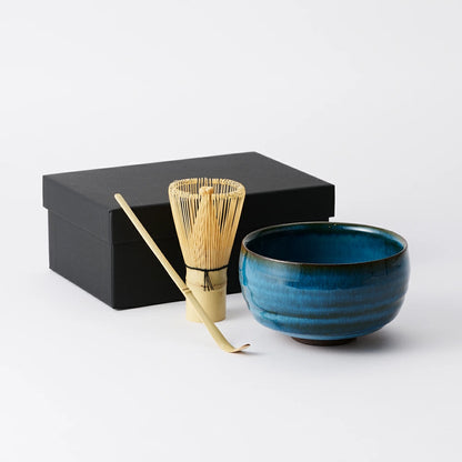 AKOMEYA TOKYO 波佐見燒 抹茶三件組｜青藍釉｜日本製 茶碗＋茶筅＋茶杓