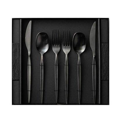 Kuros 燕三條 黑色不鏽鋼餐具禮盒 8件組｜餐刀叉匙＋餐具托 日本製高質感餐桌套組