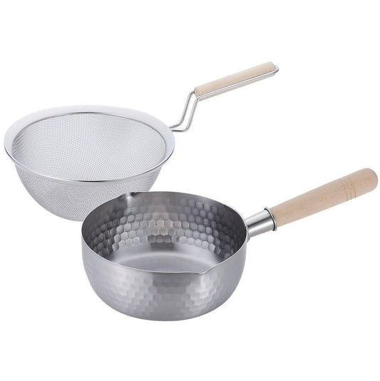 日本製 和平FREIZ 彩食庵 雪平鍋＋木柄濾網組 18cm｜IH電磁爐可用｜不鏽鋼日式湯鍋 SM-9549